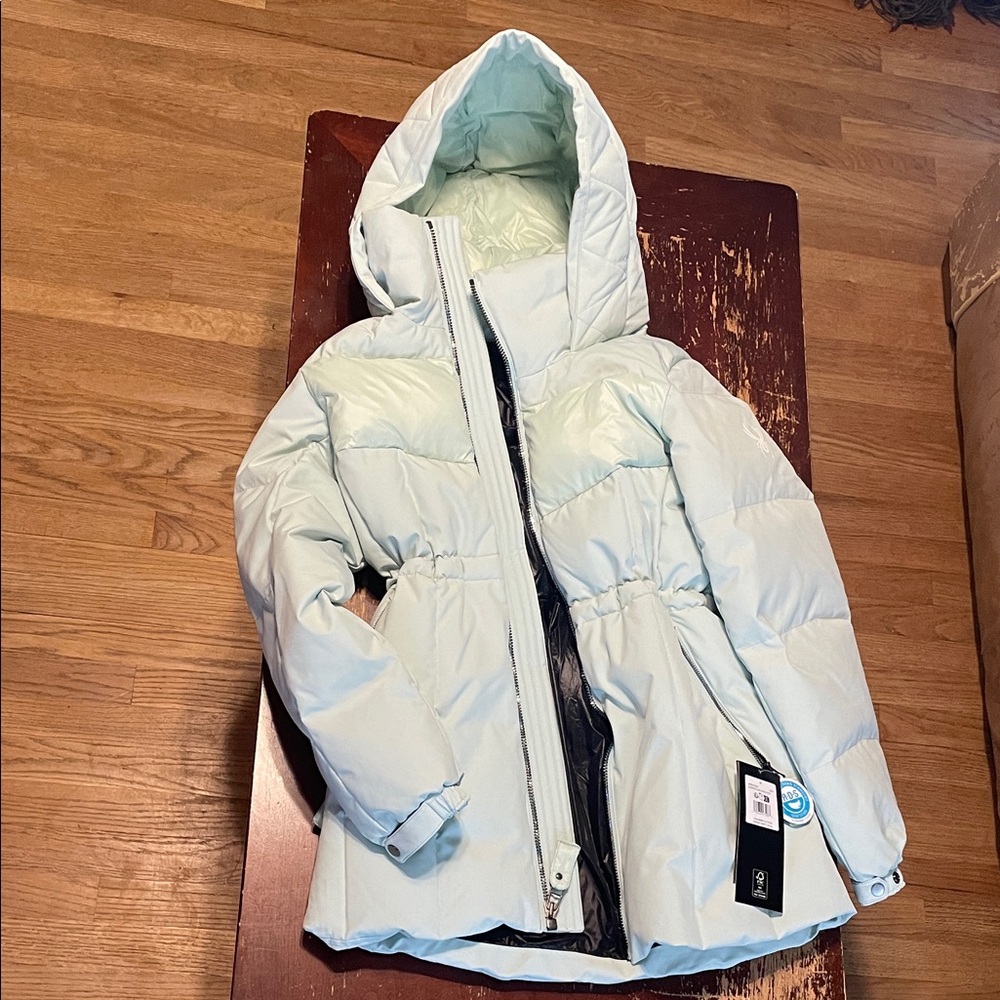 Women’s Spyder Eastwood Long Down Hooded Jacket Medium WNT pale mint green